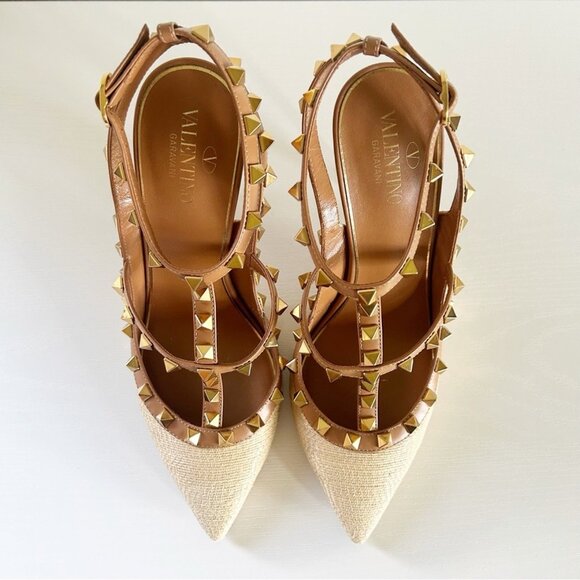 Valentino Garavani Rockstud Brown Leather Raffia Strappy Caged Heels - Picture 5 of 13